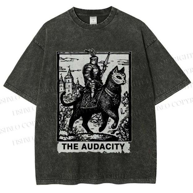 Unisex The Audacity Knight Cat Printed Washed Tee