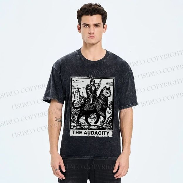 Unisex The Audacity Knight Cat Printed Washed Tee