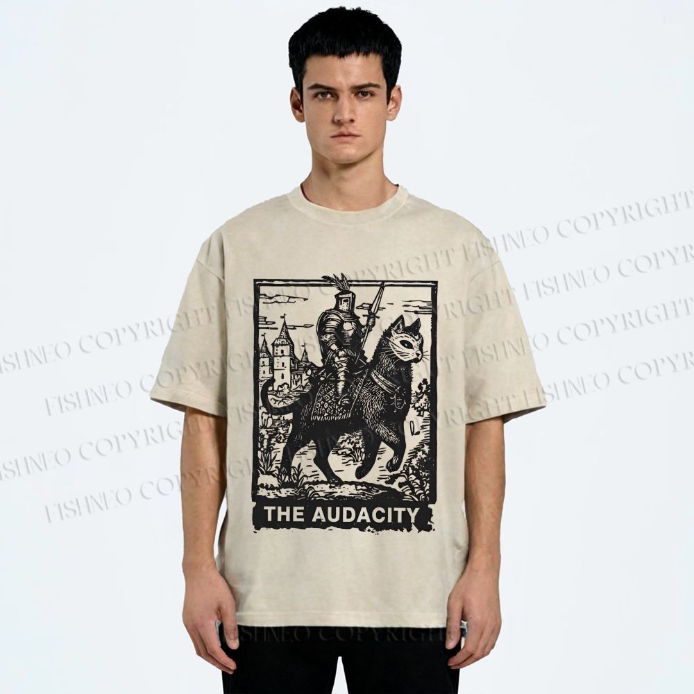 Unisex The Audacity Knight Cat Printed Washed Tee
