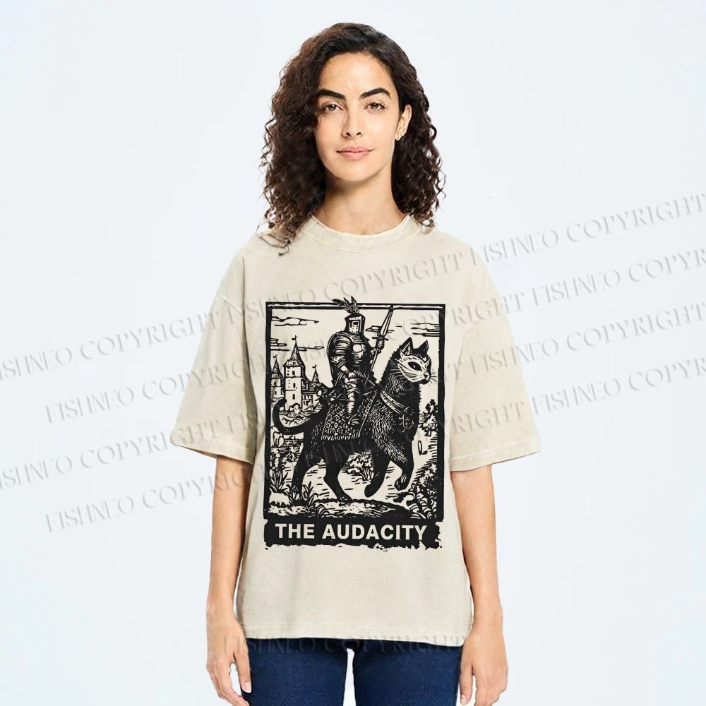 Unisex The Audacity Knight Cat Printed Washed Tee