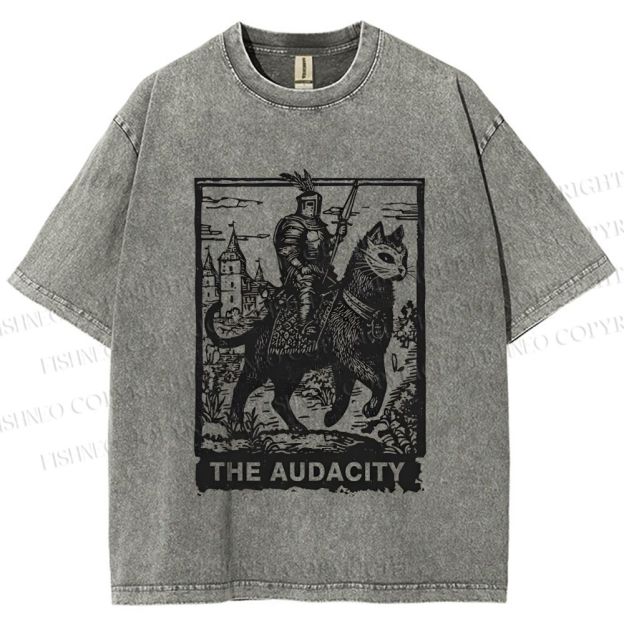 Unisex The Audacity Knight Cat Printed Washed Tee
