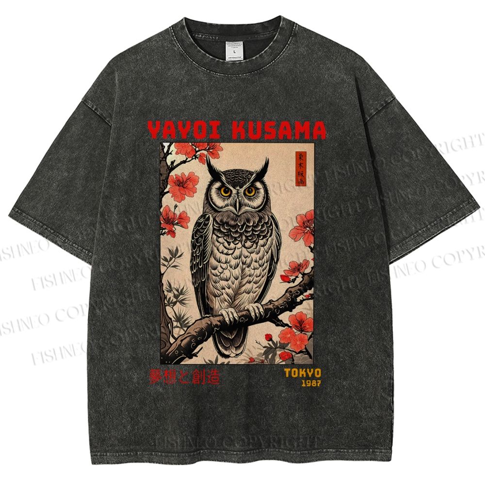 Unisex Printed Yayoi Kusama Ukiyo-e Owl Art Washed Tee