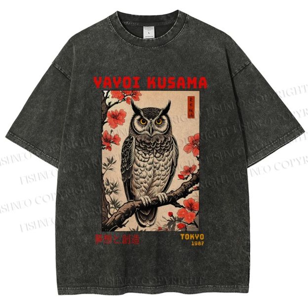 Unisex Printed Yayoi Kusama Ukiyo-e Owl Art Washed Tee