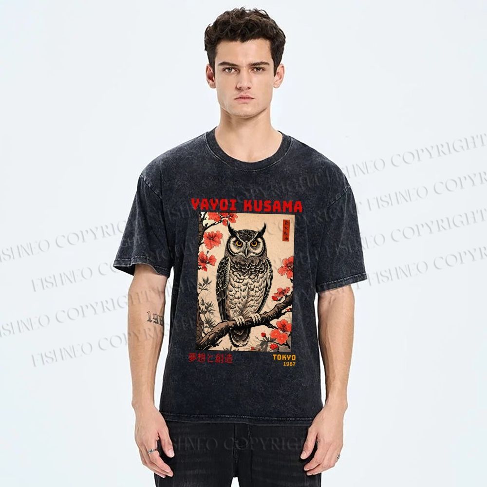 Unisex Printed Yayoi Kusama Ukiyo-e Owl Art Washed Tee