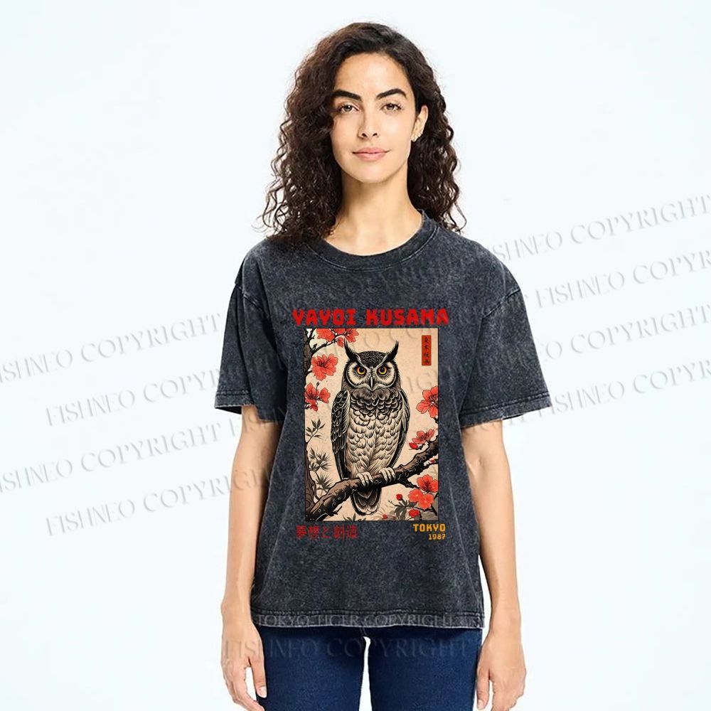 Unisex Printed Yayoi Kusama Ukiyo-e Owl Art Washed Tee