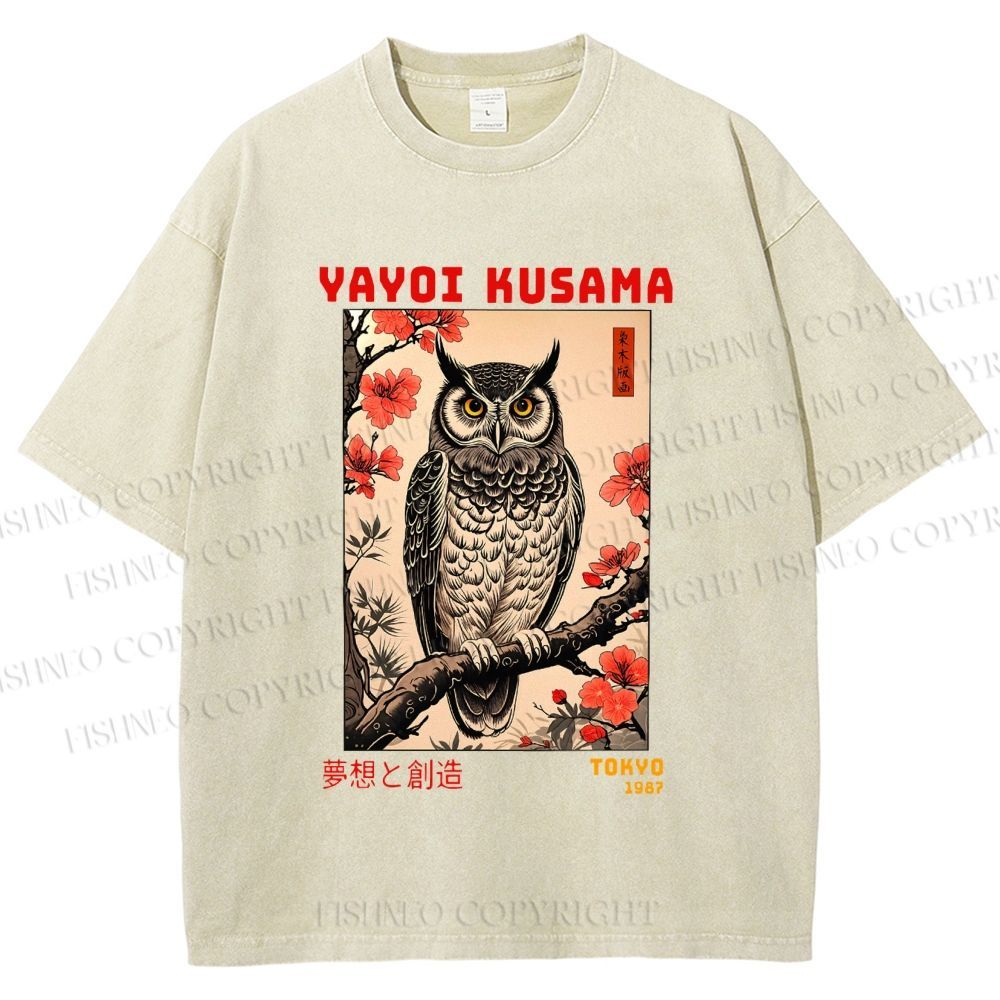 Unisex Printed Yayoi Kusama Ukiyo-e Owl Art Washed Tee