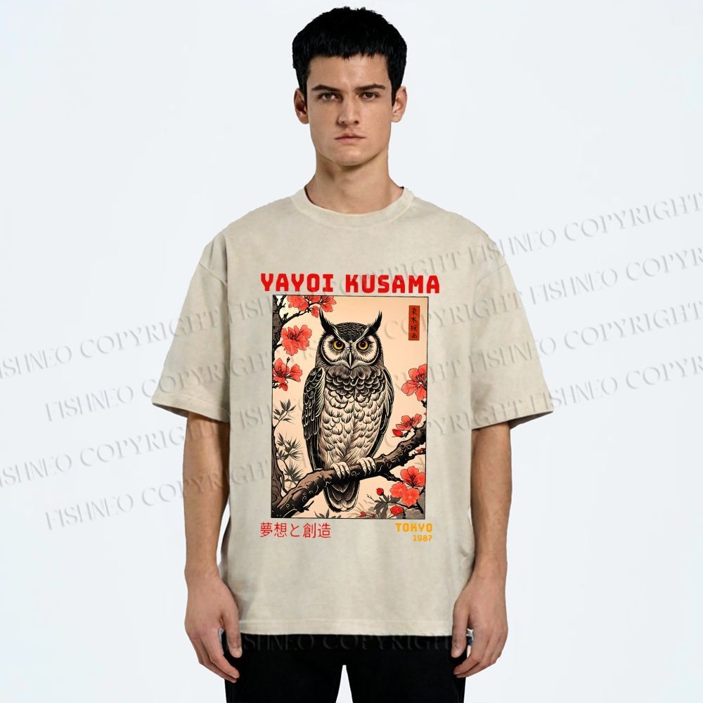 Unisex Printed Yayoi Kusama Ukiyo-e Owl Art Washed Tee
