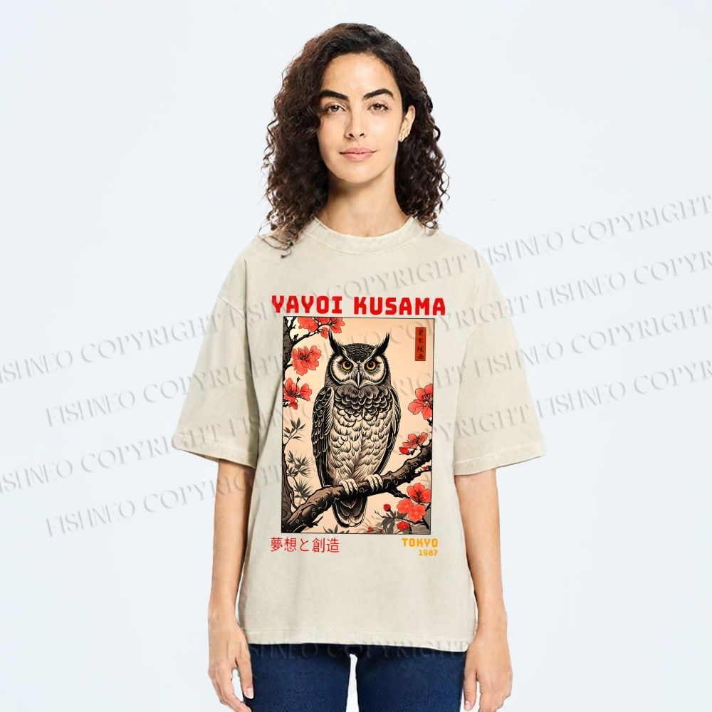 Unisex Printed Yayoi Kusama Ukiyo-e Owl Art Washed Tee