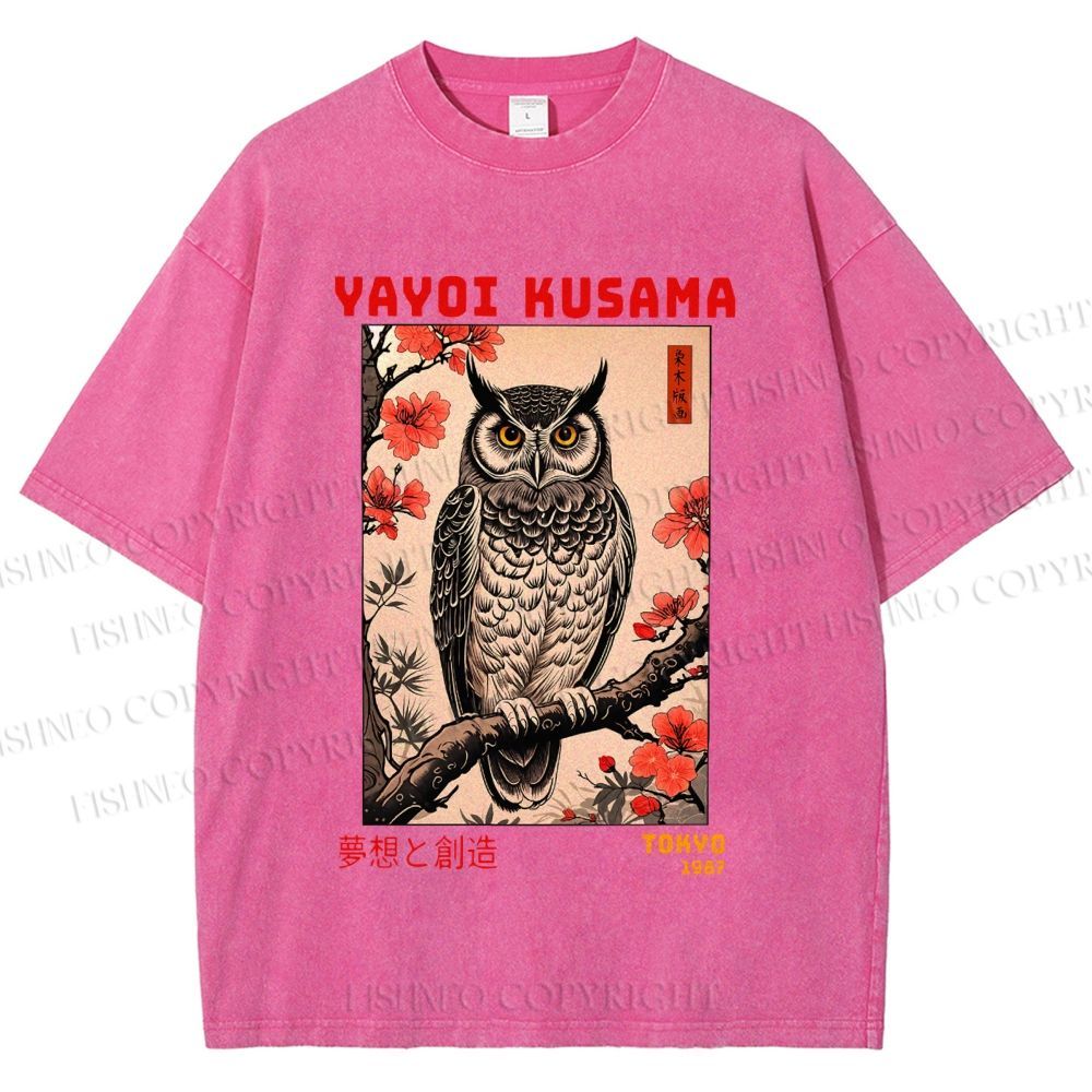 Unisex Printed Yayoi Kusama Ukiyo-e Owl Art Washed Tee
