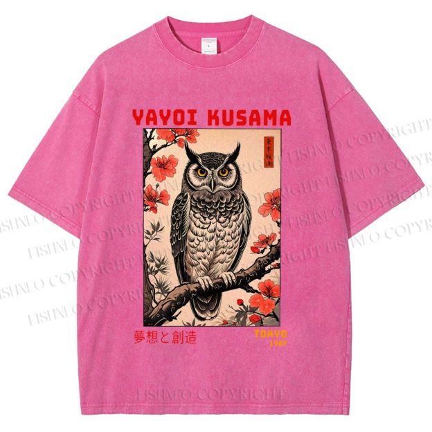 Unisex Printed Yayoi Kusama Ukiyo-e Owl Art Washed Tee