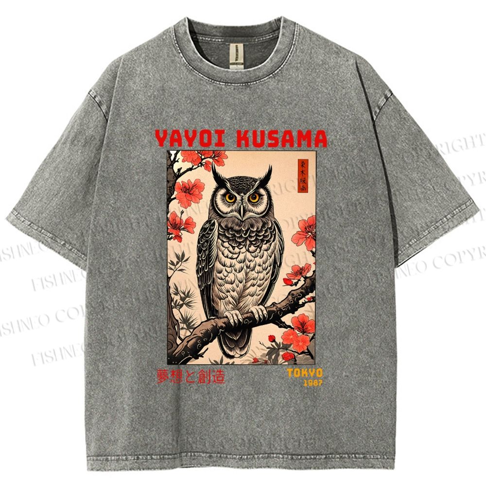 Unisex Printed Yayoi Kusama Ukiyo-e Owl Art Washed Tee