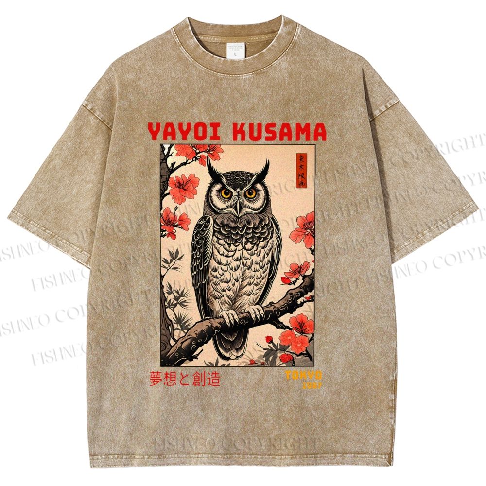 Unisex Printed Yayoi Kusama Ukiyo-e Owl Art Washed Tee