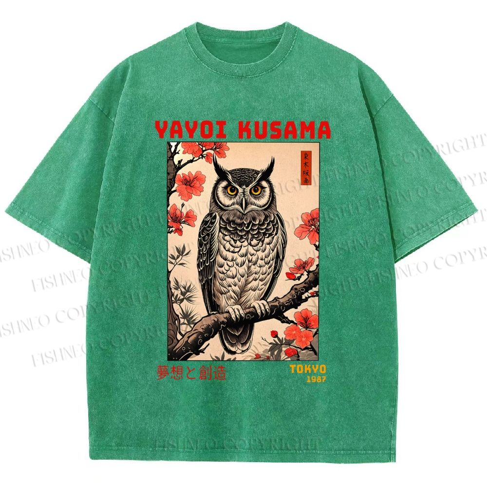 Unisex Printed Yayoi Kusama Ukiyo-e Owl Art Washed Tee
