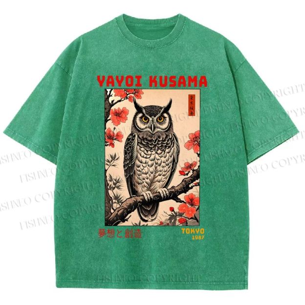 Unisex Printed Yayoi Kusama Ukiyo-e Owl Art Washed Tee