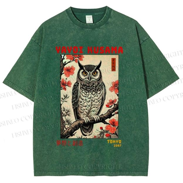Unisex Printed Yayoi Kusama Ukiyo-e Owl Art Washed Tee