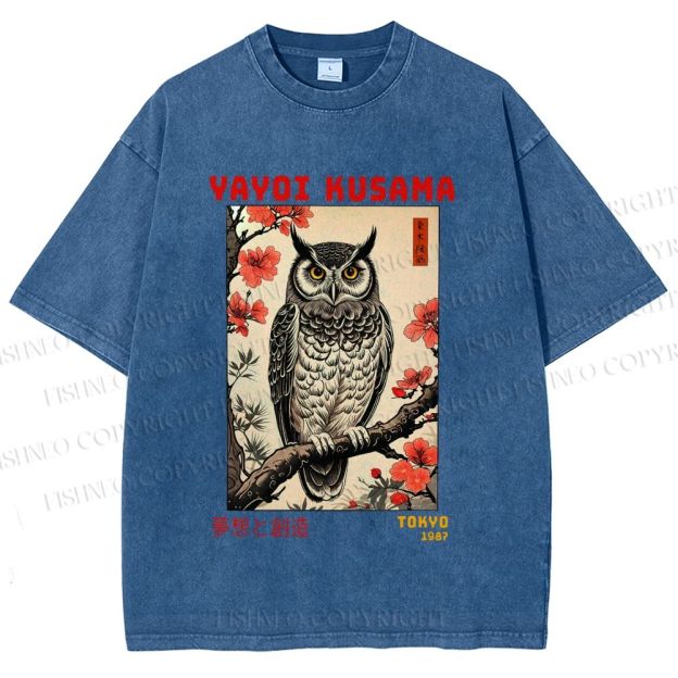 Unisex Printed Yayoi Kusama Ukiyo-e Owl Art Washed Tee