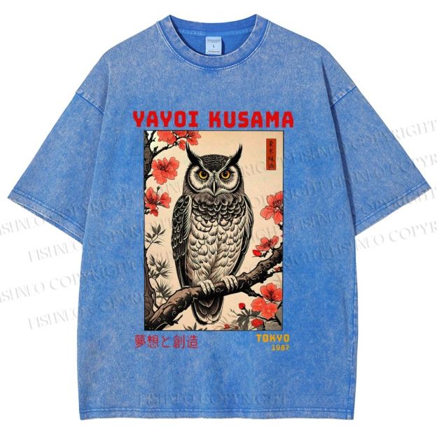 Unisex Printed Yayoi Kusama Ukiyo-e Owl Art Washed Tee