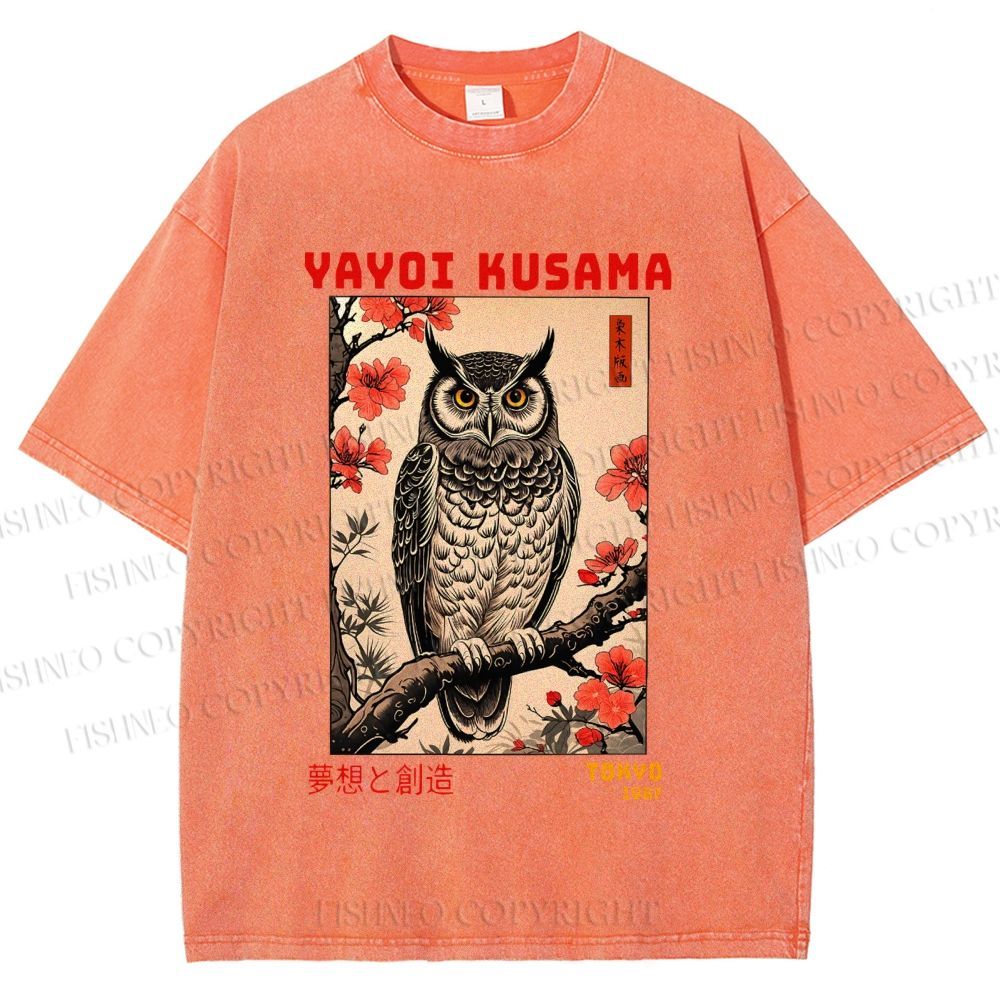 Unisex Printed Yayoi Kusama Ukiyo-e Owl Art Washed Tee