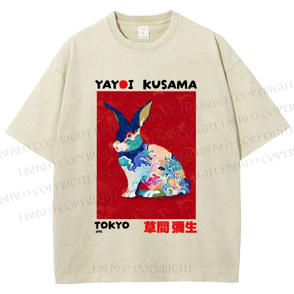 Unisex Printed Yayoi Kusama Floral Rabbit 1995 Washed Tee