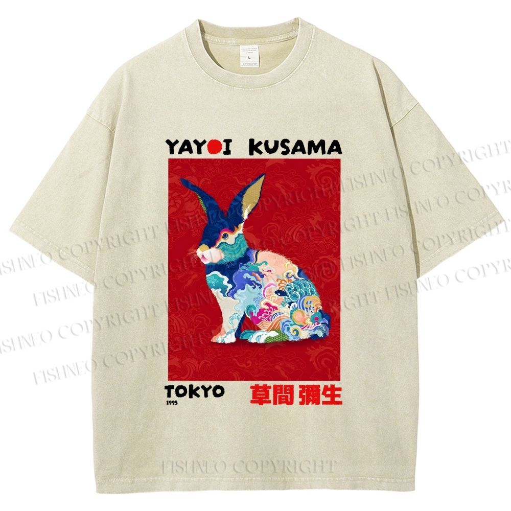 Unisex Printed Yayoi Kusama Floral Rabbit 1995 Washed Tee