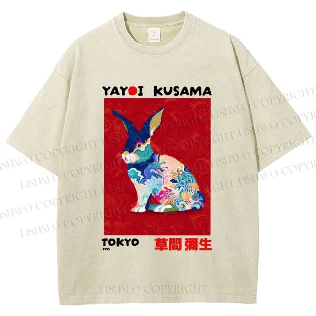 Unisex Printed Yayoi Kusama Floral Rabbit 1995 Washed Tee