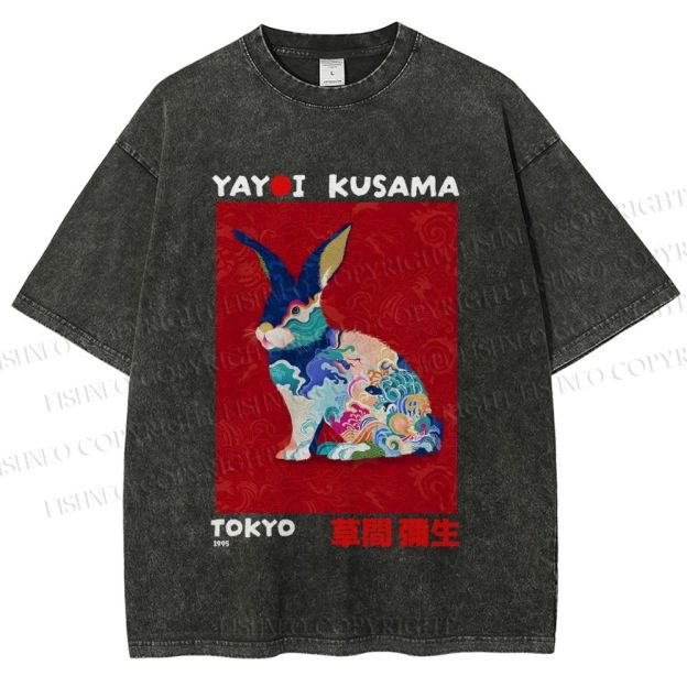 Unisex Printed Yayoi Kusama Floral Rabbit 1995 Washed Tee