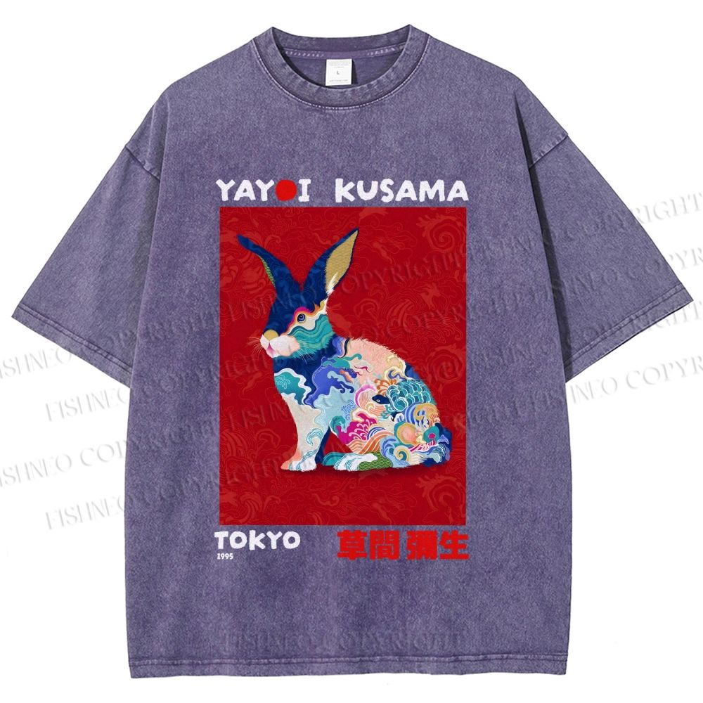 Unisex Printed Yayoi Kusama Floral Rabbit 1995 Washed Tee