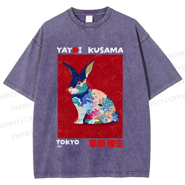 Unisex Printed Yayoi Kusama Floral Rabbit 1995 Washed Tee