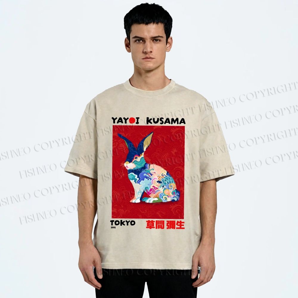 Unisex Printed Yayoi Kusama Floral Rabbit 1995 Washed Tee