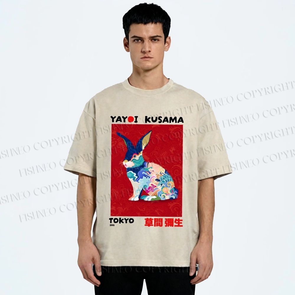 Unisex Printed Yayoi Kusama Floral Rabbit 1995 Washed Tee