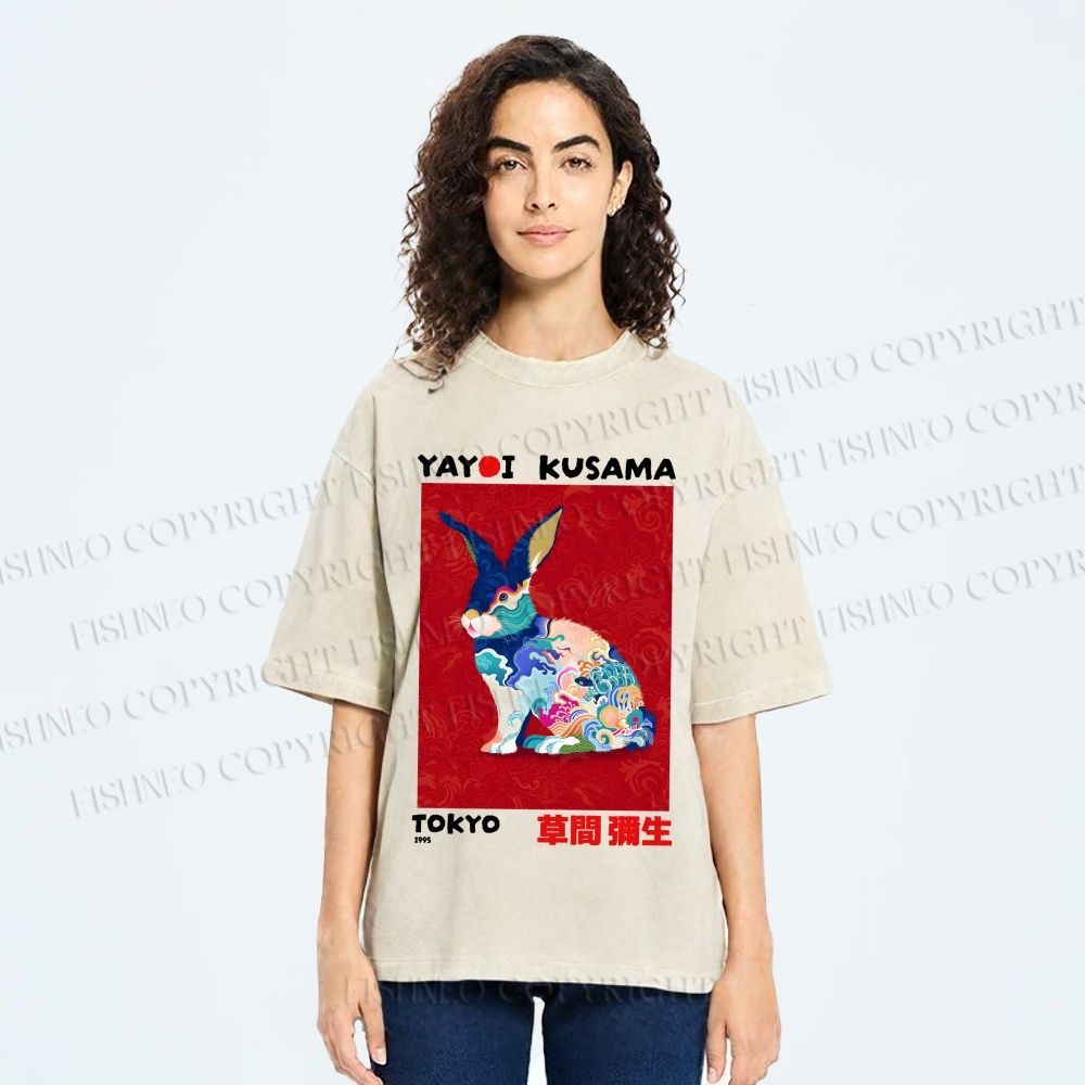 Unisex Printed Yayoi Kusama Floral Rabbit 1995 Washed Tee