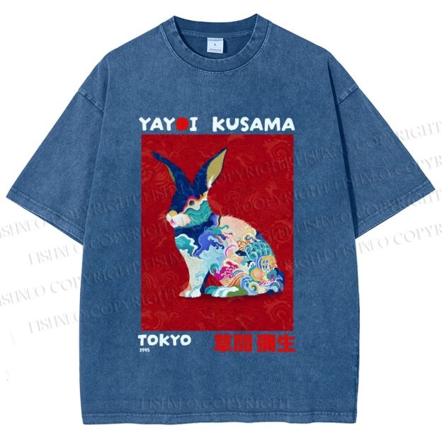 Unisex Printed Yayoi Kusama Floral Rabbit 1995 Washed Tee