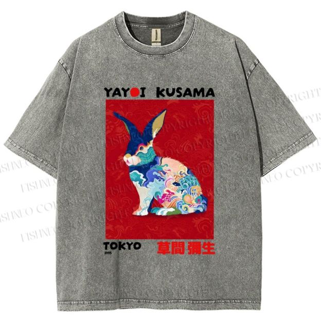 Unisex Printed Yayoi Kusama Floral Rabbit 1995 Washed Tee