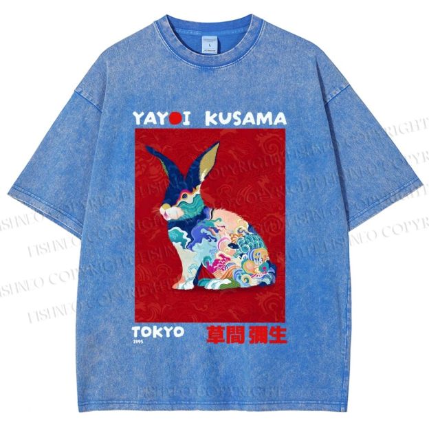 Unisex Printed Yayoi Kusama Floral Rabbit 1995 Washed Tee