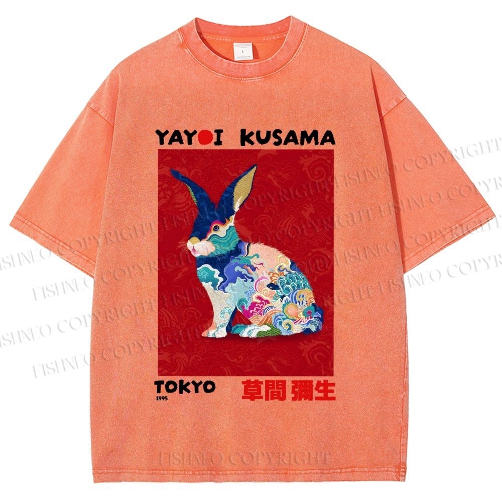 Unisex Printed Yayoi Kusama Floral Rabbit 1995 Washed Tee