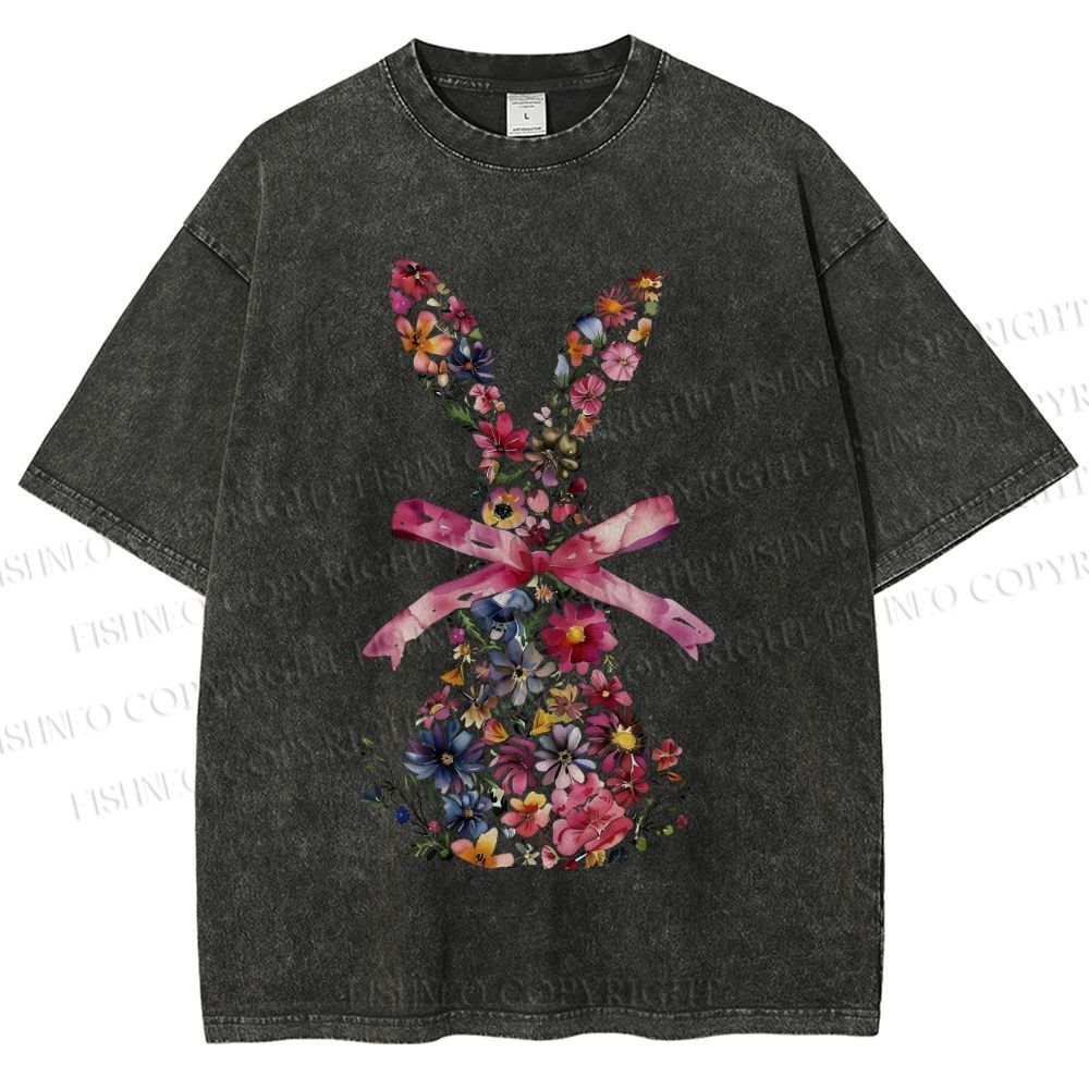 Unisex Blooms & Ribbons Easter Bunny Printed Washed Tee