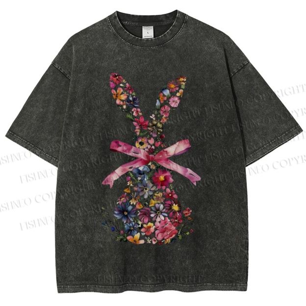 Unisex Blooms & Ribbons Easter Bunny Printed Washed Tee