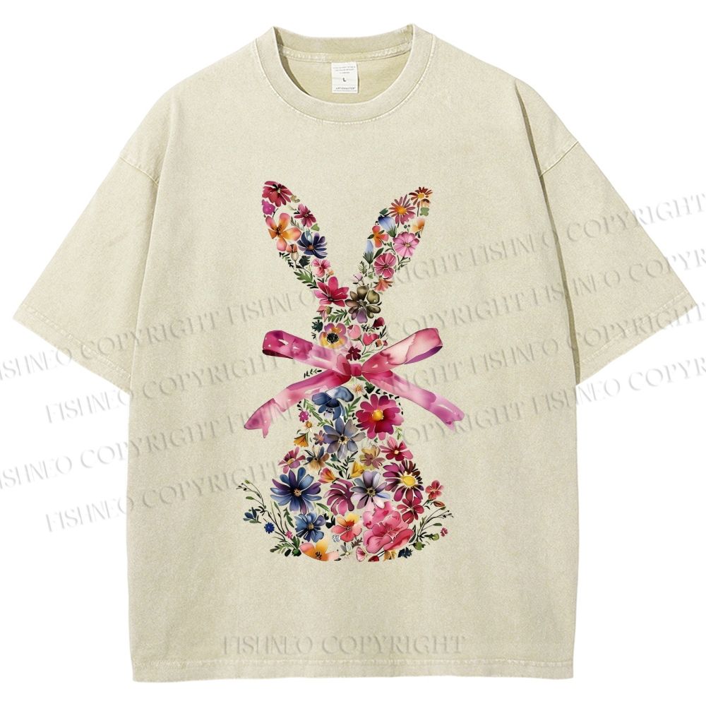 Unisex Blooms & Ribbons Easter Bunny Printed Washed Tee