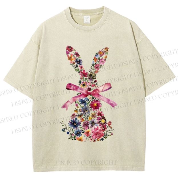 Unisex Blooms & Ribbons Easter Bunny Printed Washed Tee