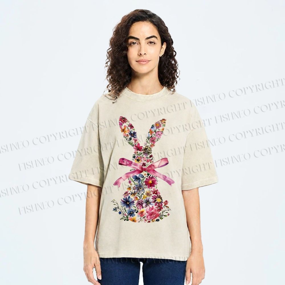 Unisex Blooms & Ribbons Easter Bunny Printed Washed Tee