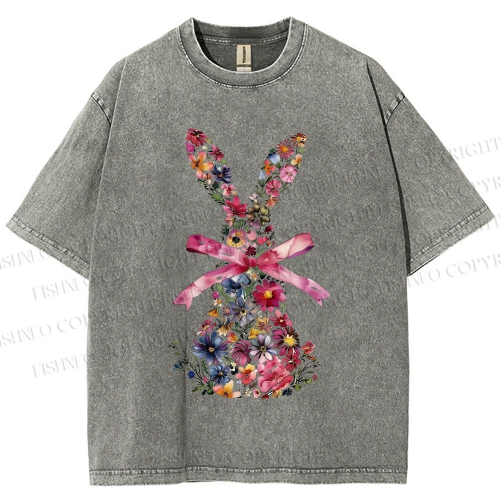 Unisex Blooms & Ribbons Easter Bunny Printed Washed Tee