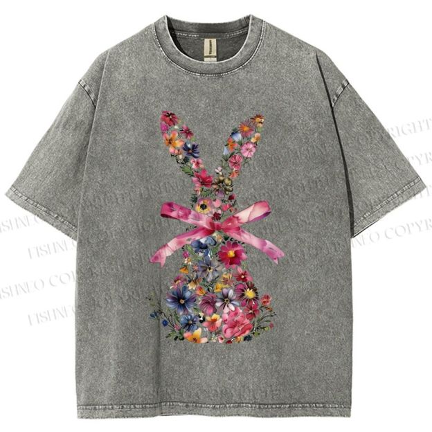 Unisex Blooms & Ribbons Easter Bunny Printed Washed Tee
