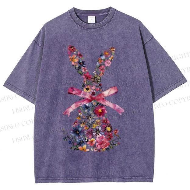 Unisex Blooms & Ribbons Easter Bunny Printed Washed Tee