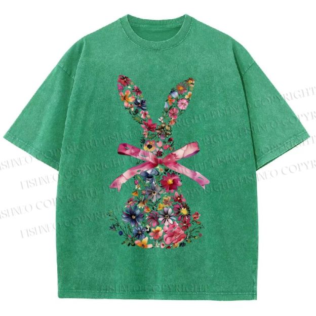 Unisex Blooms & Ribbons Easter Bunny Printed Washed Tee