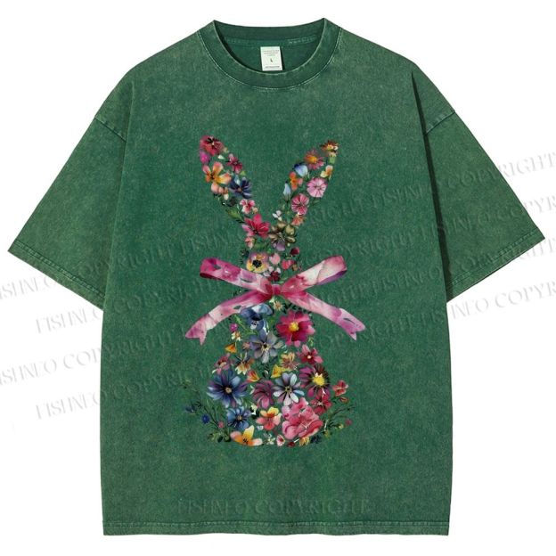 Unisex Blooms & Ribbons Easter Bunny Printed Washed Tee