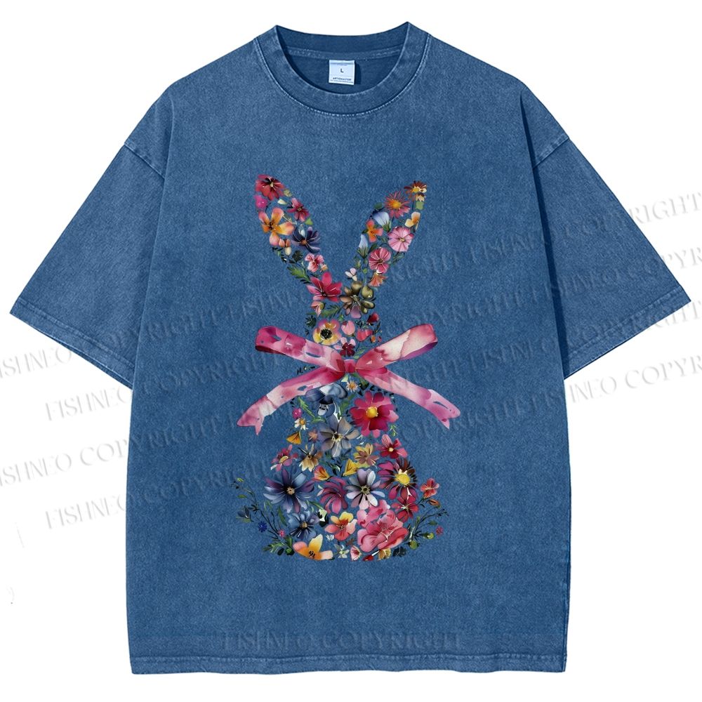Unisex Blooms & Ribbons Easter Bunny Printed Washed Tee