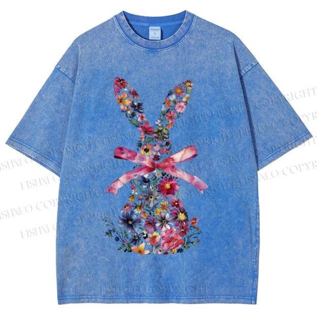 Unisex Blooms & Ribbons Easter Bunny Printed Washed Tee