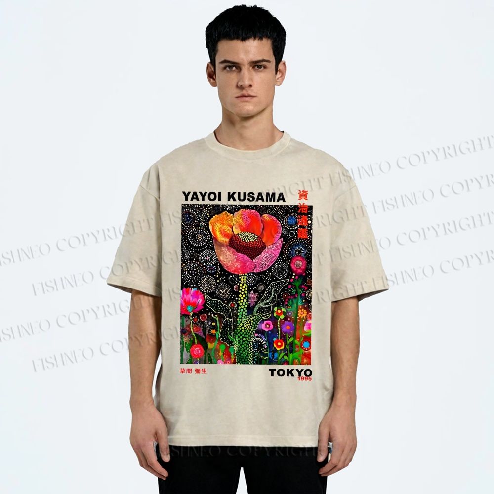 Unisex Yayoi Kusama Polka Dot Flower Printed Washed Tee