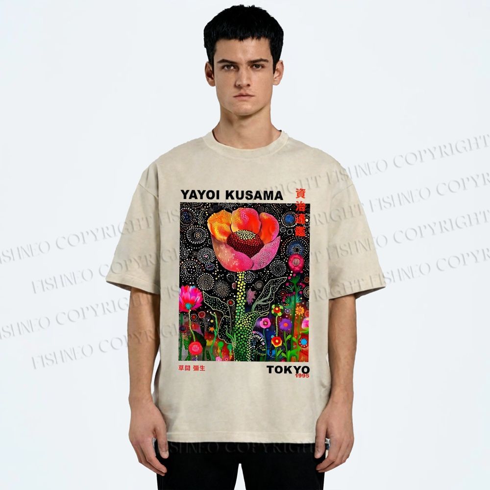 Unisex Yayoi Kusama Polka Dot Flower Printed Washed Tee