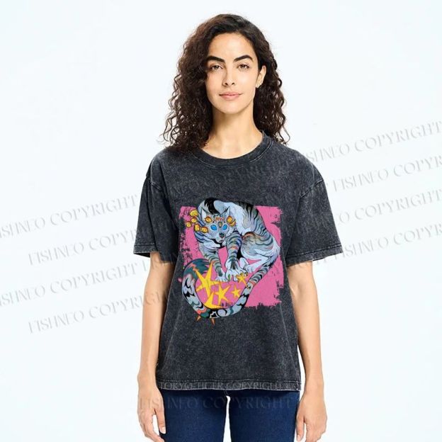 Unisex Shining Tiger Printed Washed Tee